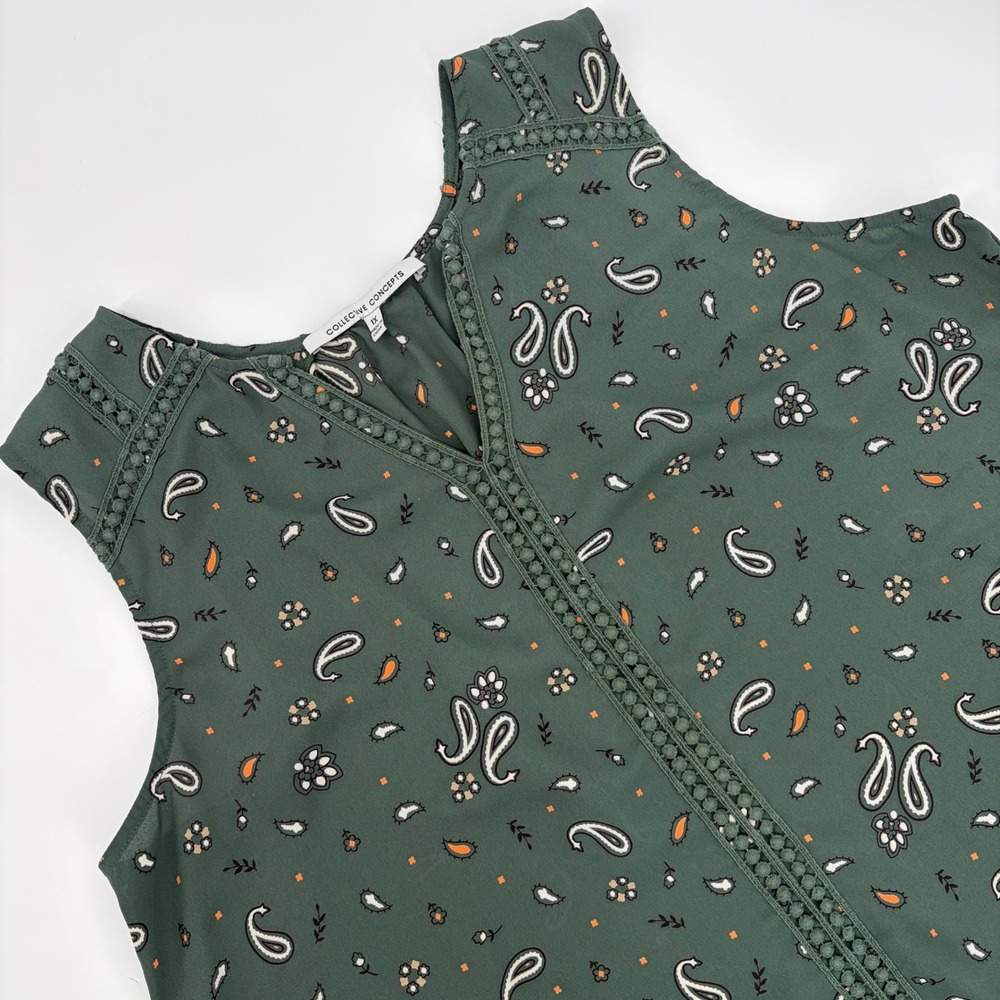 Collective Concepts Tank Top Women 1X Green Paisley Lace Trim Boho Cottagecore‎